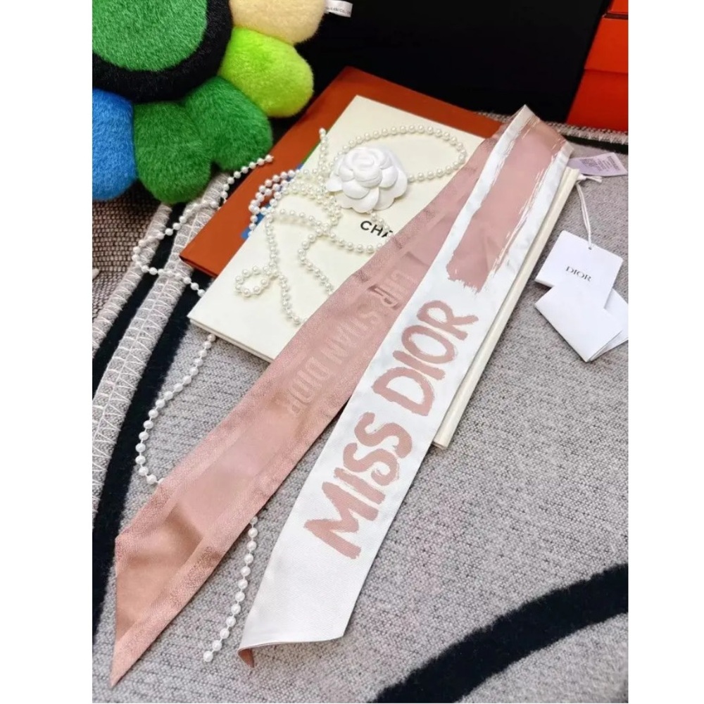 Dior Pink and White Logo Twilly Scarf-2506 - Picture 5 of 5